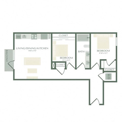 Floor plan for 2 beds, 1 bath, 838 sqft